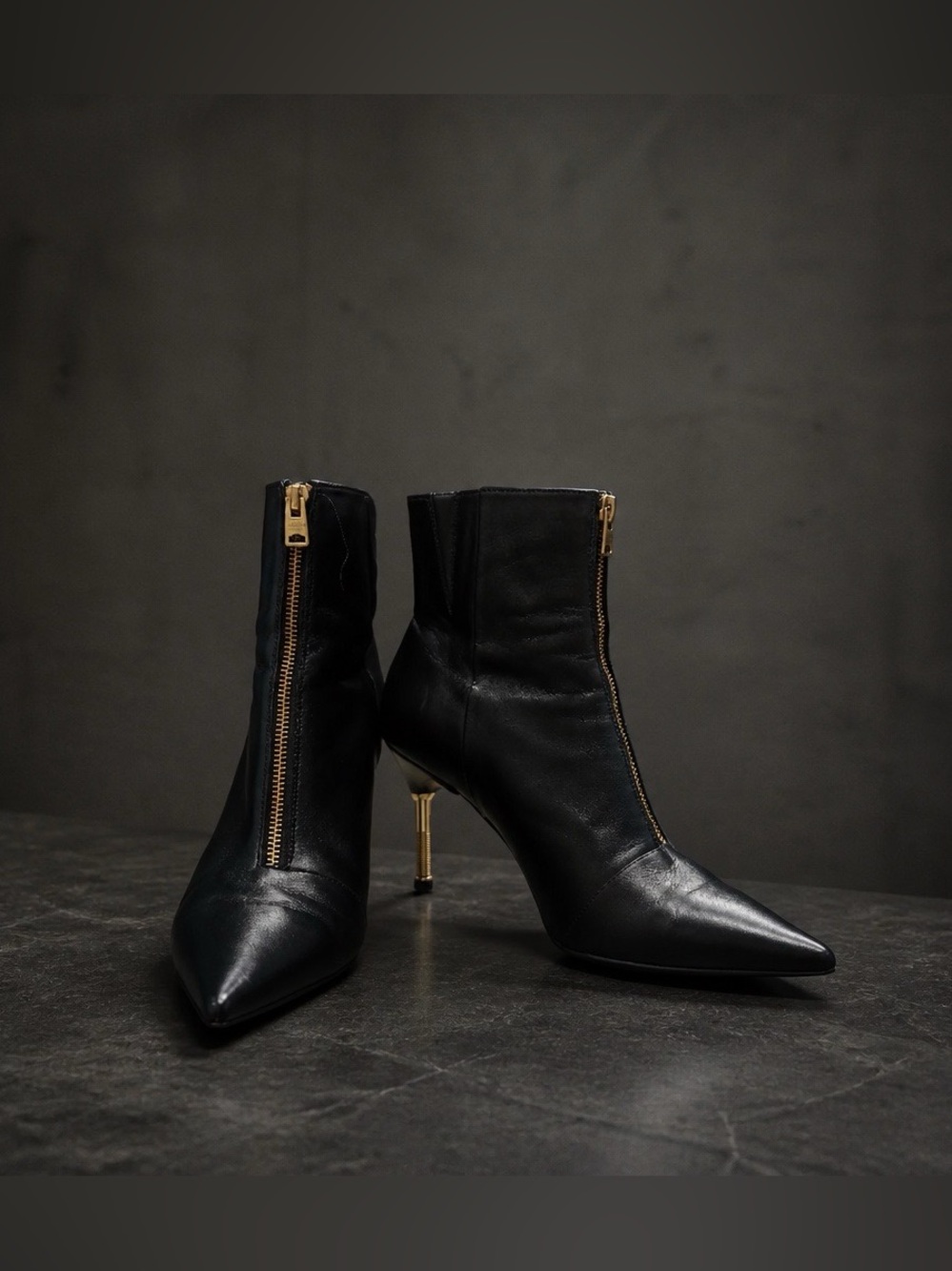 AllSaints Black Leather Pointed Toe Booties with Gold Zipper Stiletto Heel